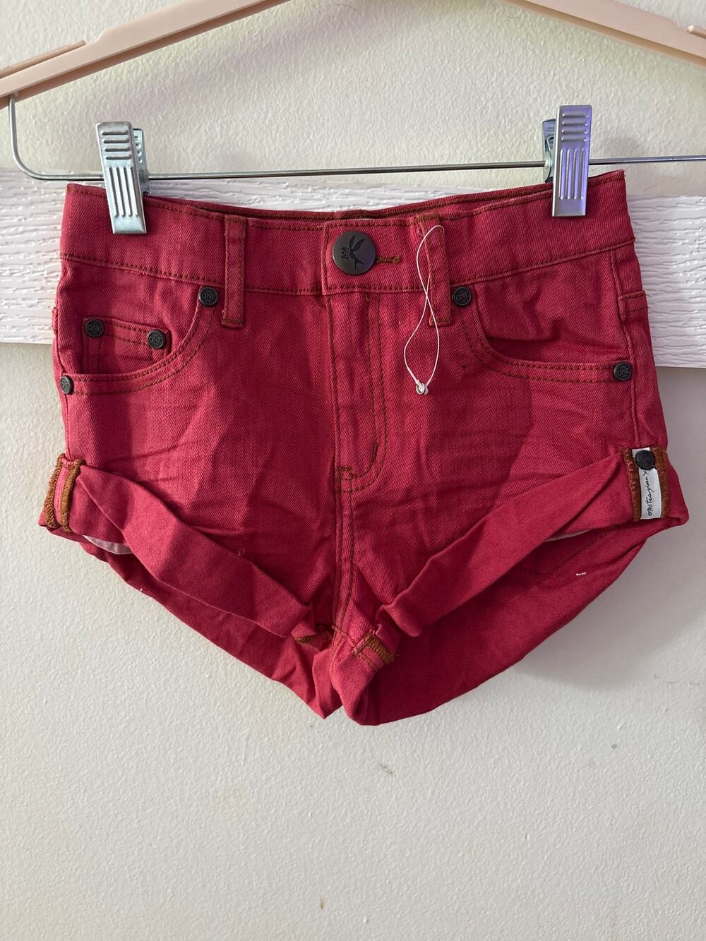 new one teaspoon Sz 7-8 girls kids denim jean shorts distressed mommy me red